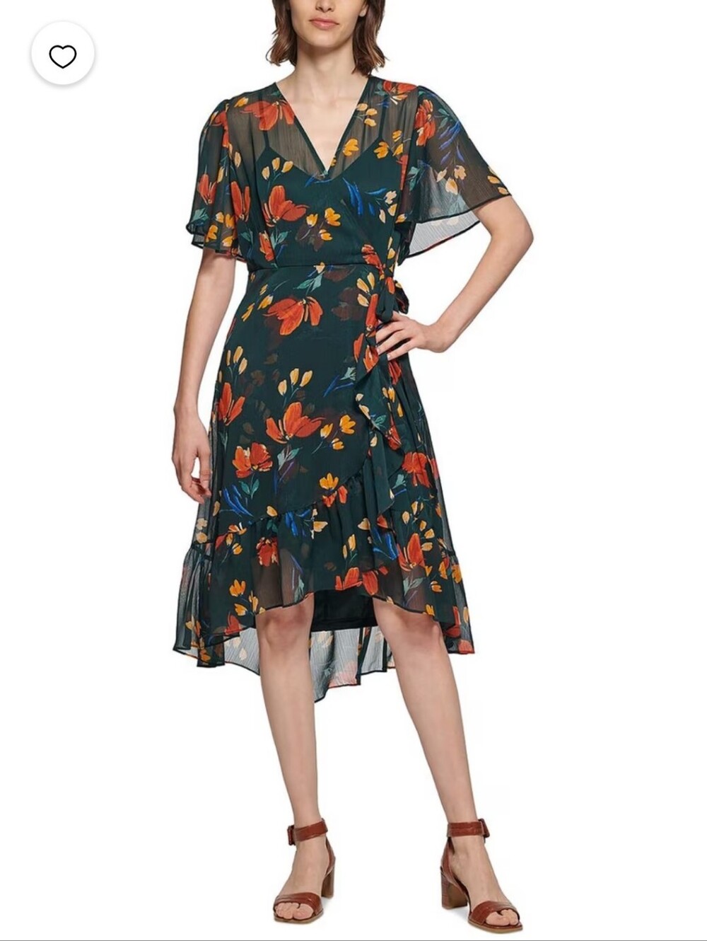 Calvin Klein Floral Faux Wrap Midi Dress - Dark Green with Orange EUC Size S​